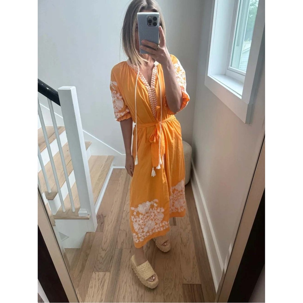 Julia Amory Embroidered Floral Midi Dress Puff Sleeve Tassel Boho Orange Size M